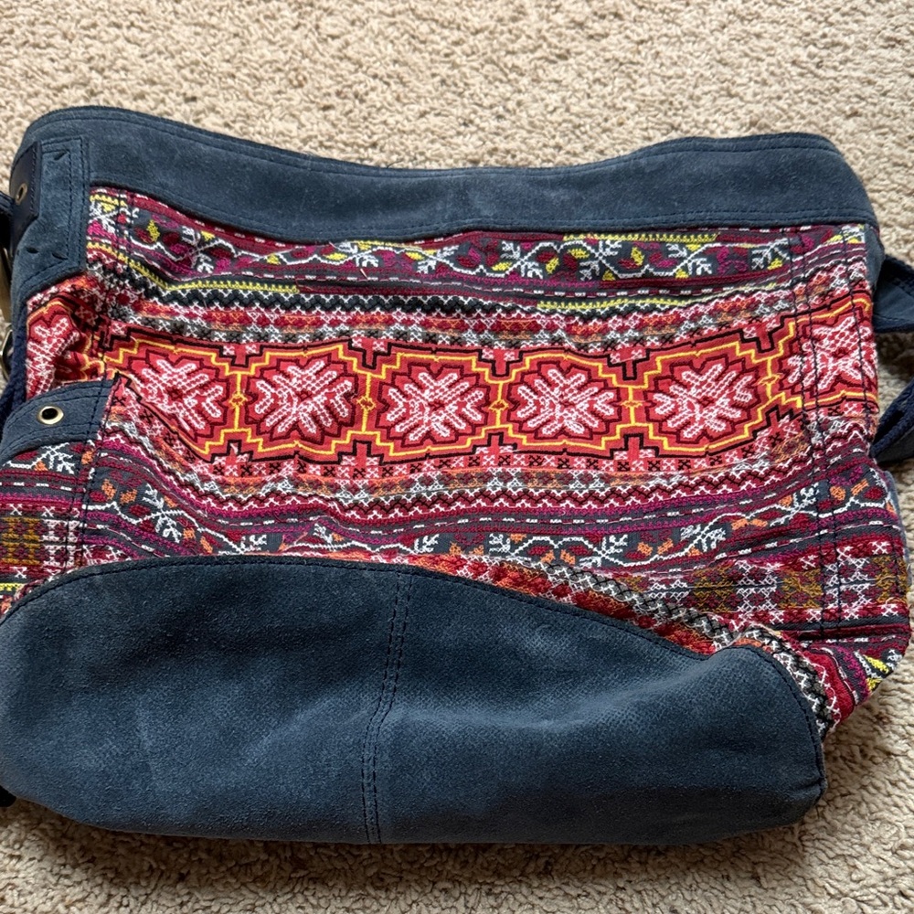 Lucky Brand Red and Black Patterned with blue suede Embroidered Tote